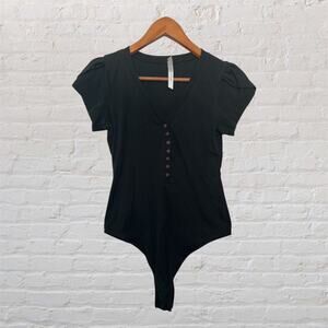Free People Bodysuit Black Button Front Puff Sleeve V-Neck Stretch Top Small